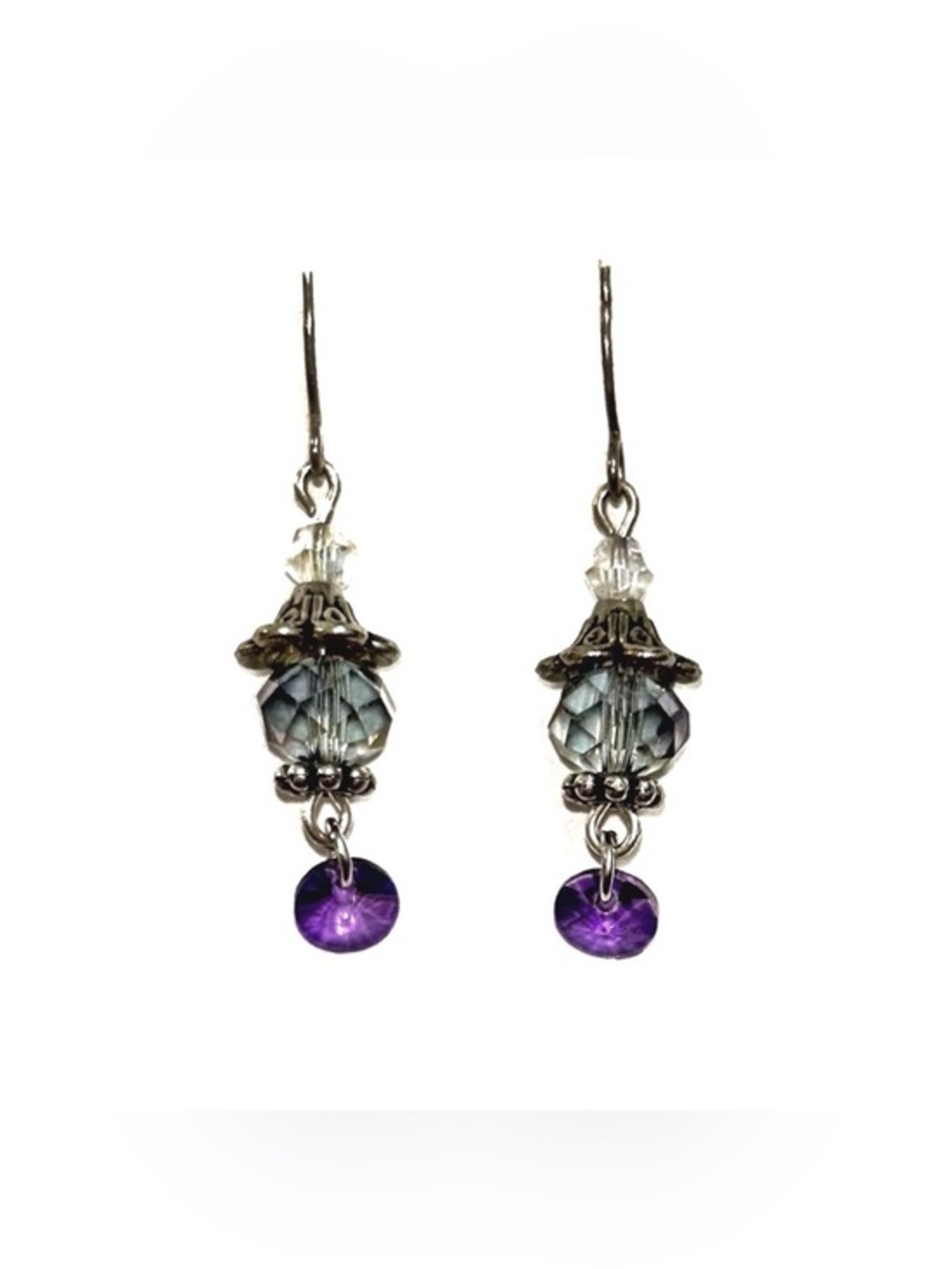 Handmade Silver Drop Earrings with Purple Crystal Accent